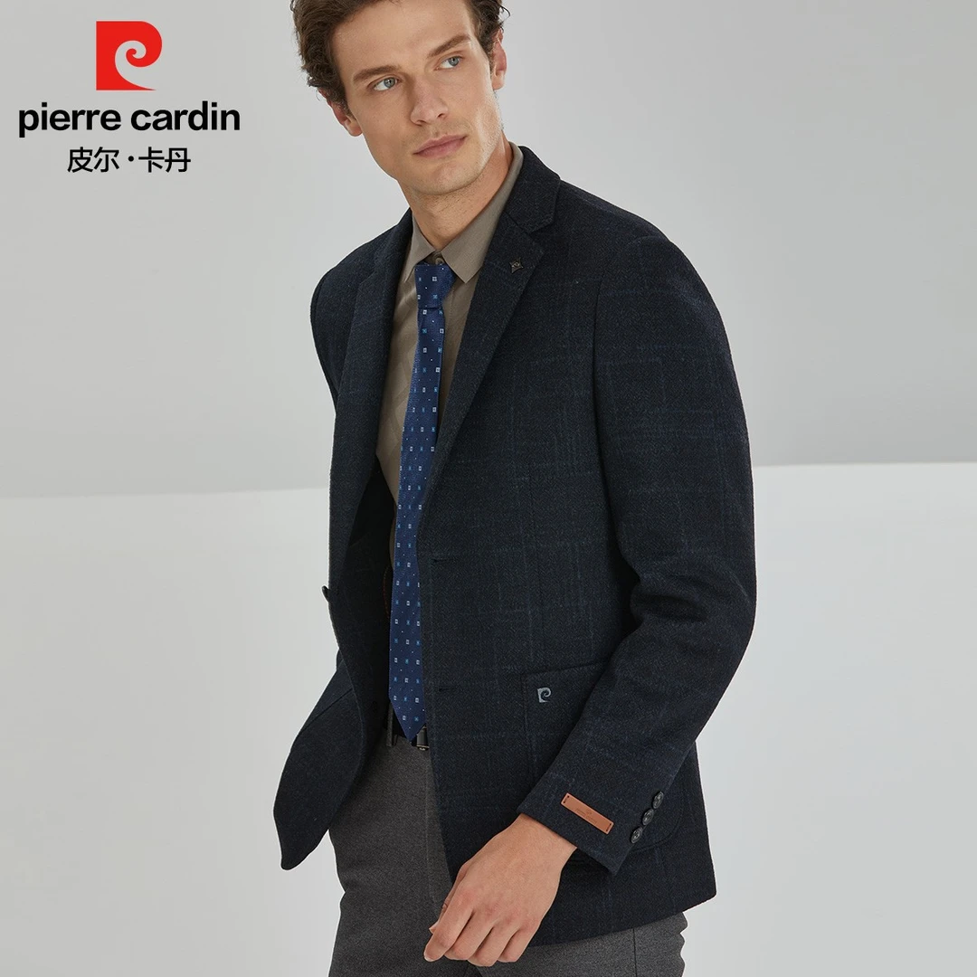 【活动补贴】皮尔卡丹西服平驳领外套商务双面舒适格纹男士修身西装
