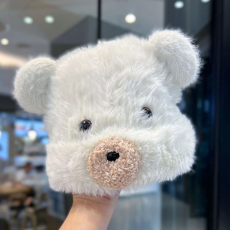 可爱小熊护耳帽女韩版保暖百搭秋冬针织帽子女护耳防寒毛绒毛线帽