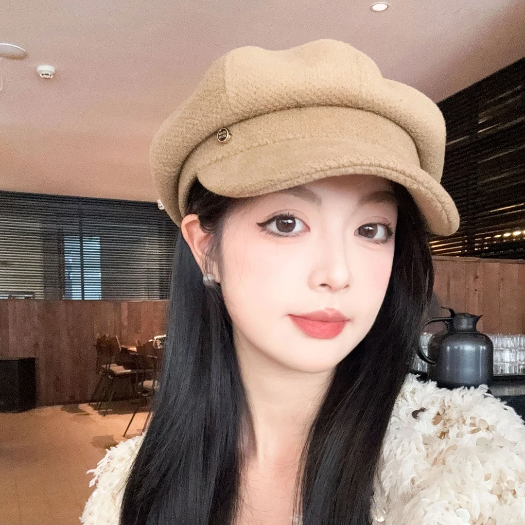 加厚毛呢八角帽min小圆标女秋冬韩版鸭舌帽休闲复古英伦风显脸小