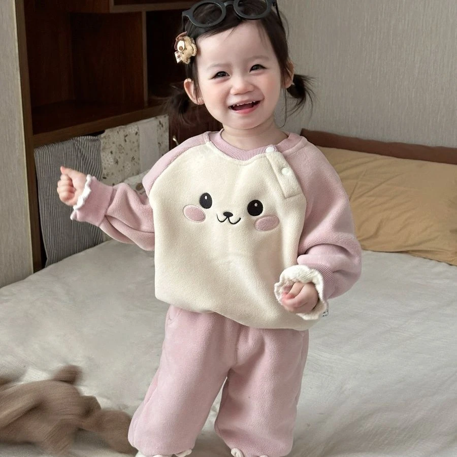 女童秋冬保暖套装韩版婴幼儿可爱加绒加厚卡通卫衣裤子两件套冬装