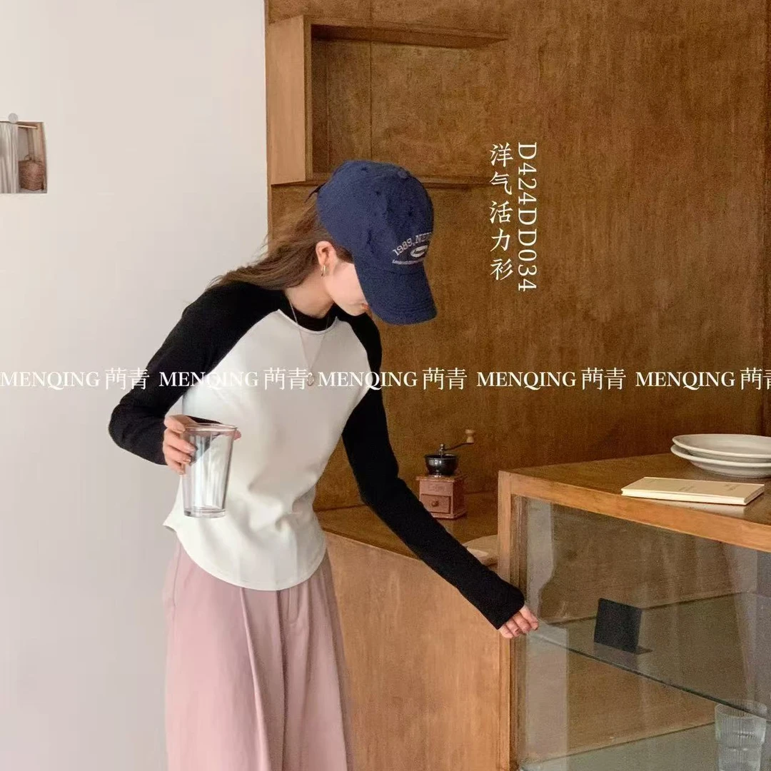 D034显瘦插肩袖通勤外穿时尚秋冬活力T恤圆领针织