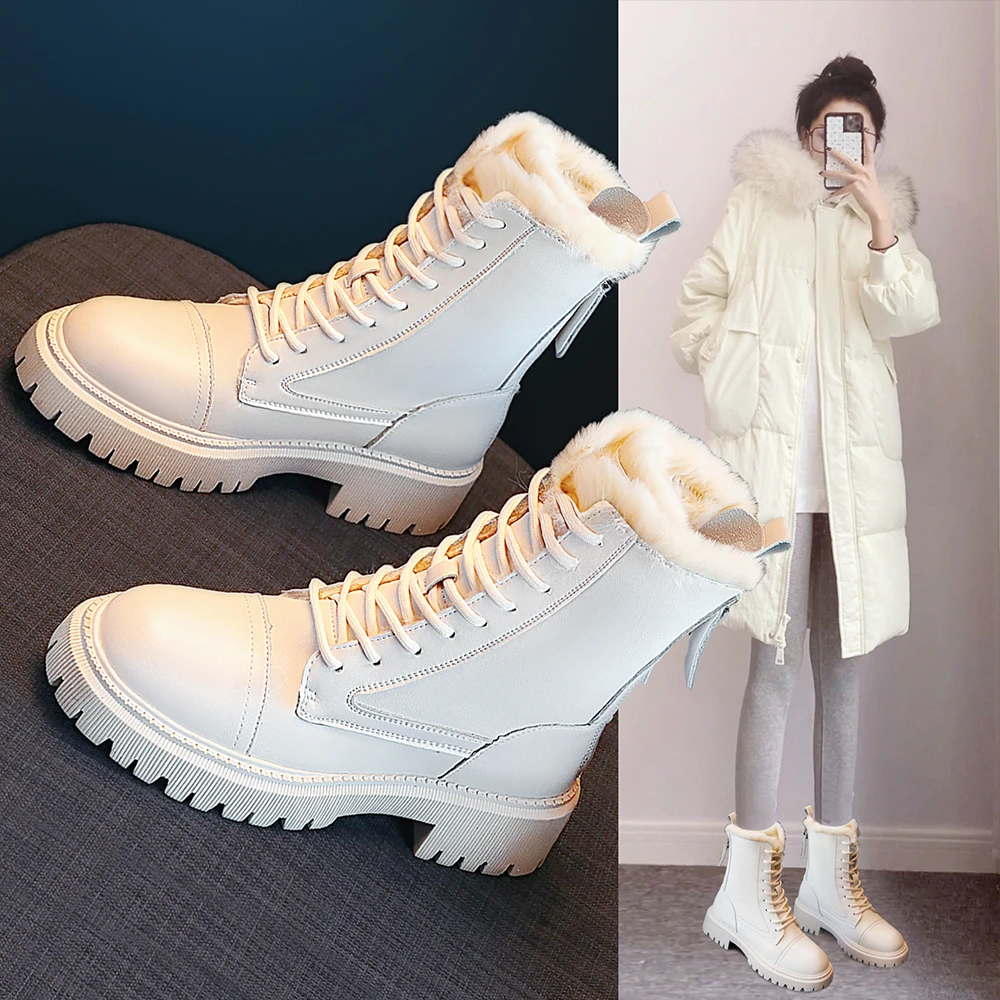 真皮雪地靴女皮毛一体2023新款加绒大棉鞋冬季百搭英伦风马丁短靴