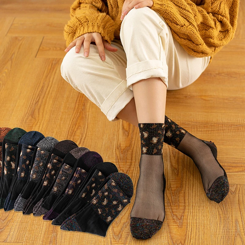 秋冬新款吸汗透气棉底袜子女网红性感豹纹银葱金银丝玻璃水晶丝袜