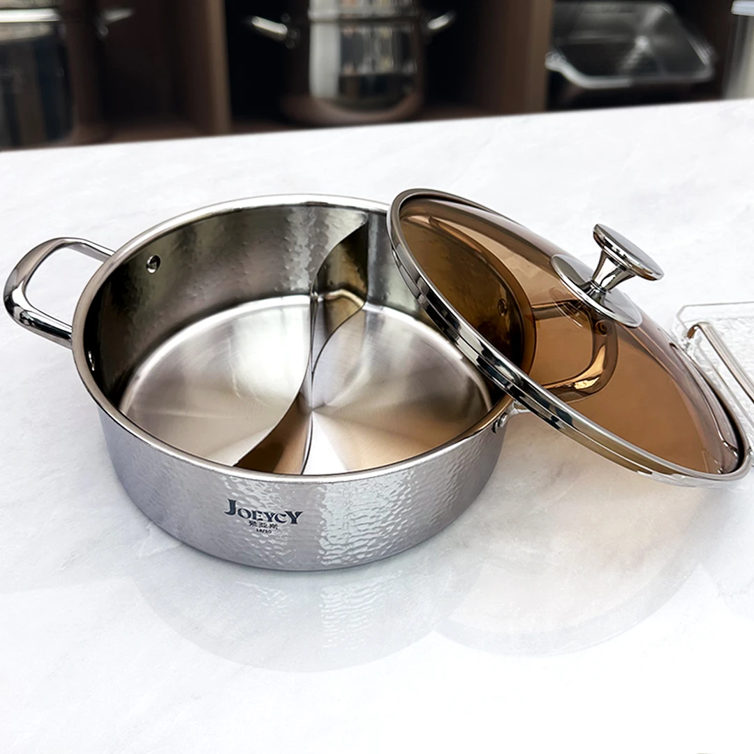 JOEYCY/聚亚斯高档锤纹五层钢火锅两味加厚不锈钢鸳鸯火锅32CM