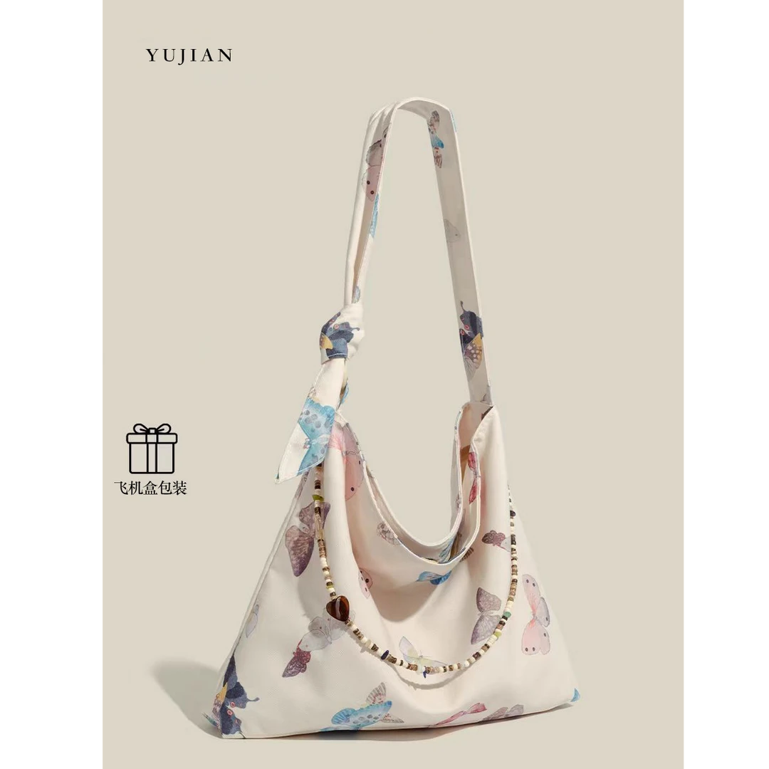 蝴蝶托特包包女2024新款新中式单肩包大容量文艺串珠包斜挎包女