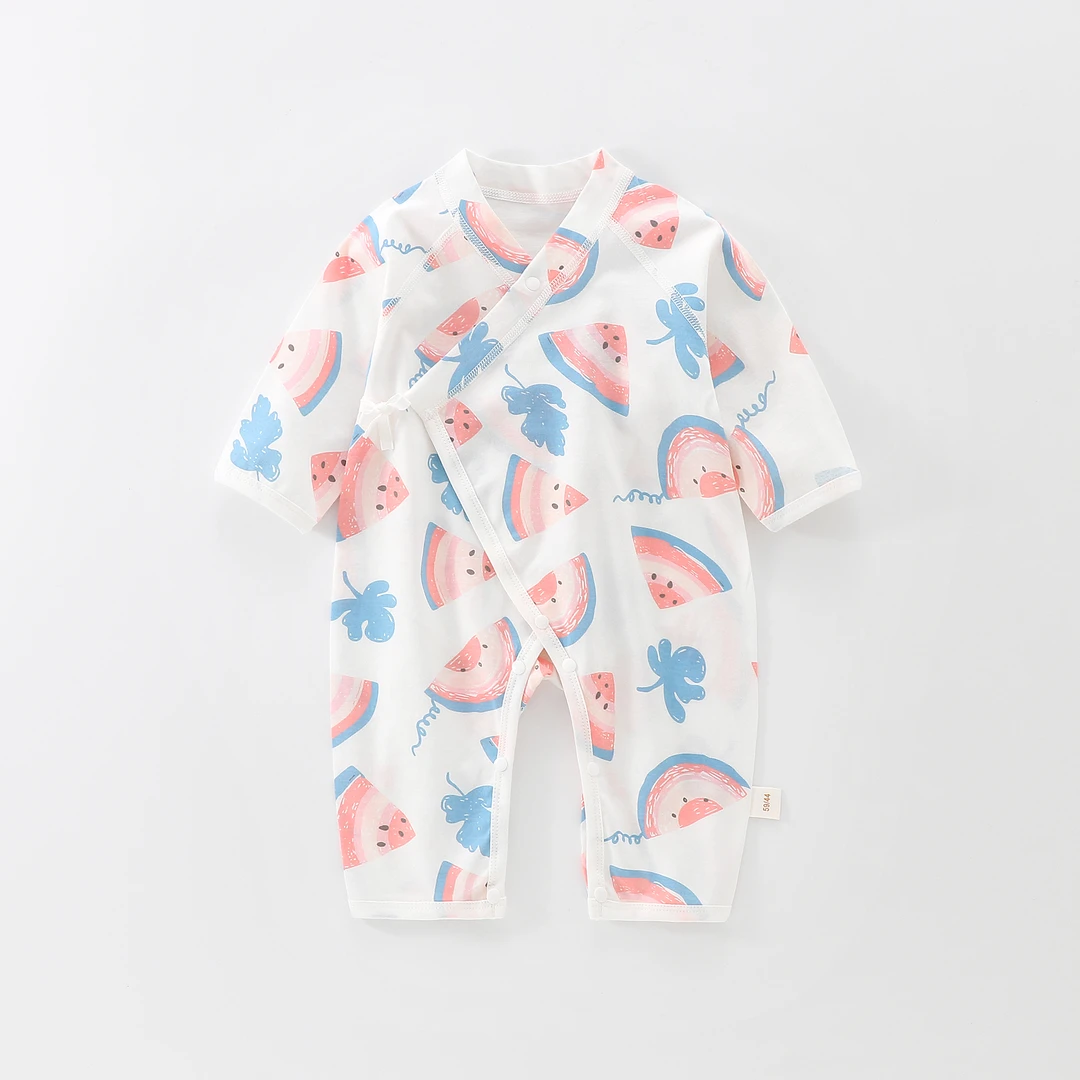 夏季薄款连体衣婴儿无骨新生儿纯棉哈衣长袖双层肚空调服宝宝睡衣