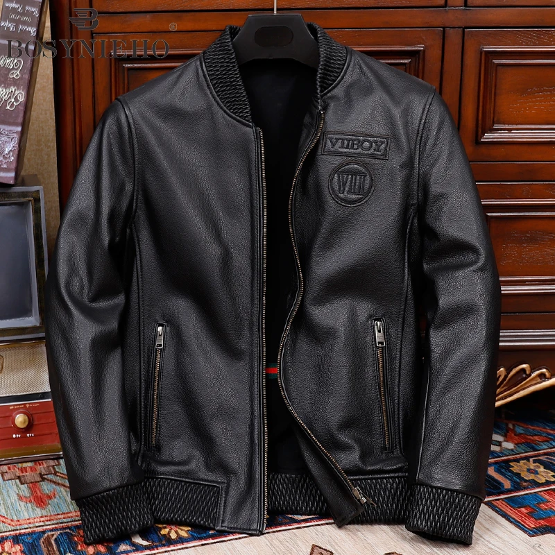 秋冬头层牛皮个性刺绣棒球服青年真皮皮衣男士加棉保暖皮夹克外套