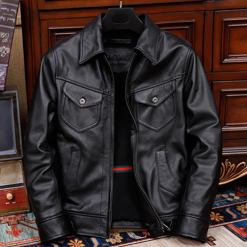 秋冬华仔同款男士头层牛皮真皮皮衣时尚机车服短款修身翻领皮夹克