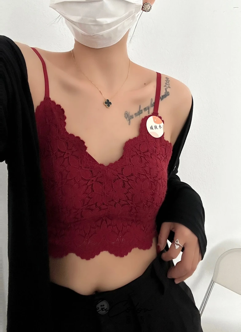 黛美芮6602秋冬羽毛纱法式蕾丝磨毛女士胸垫一体保暖美背内衣抹胸