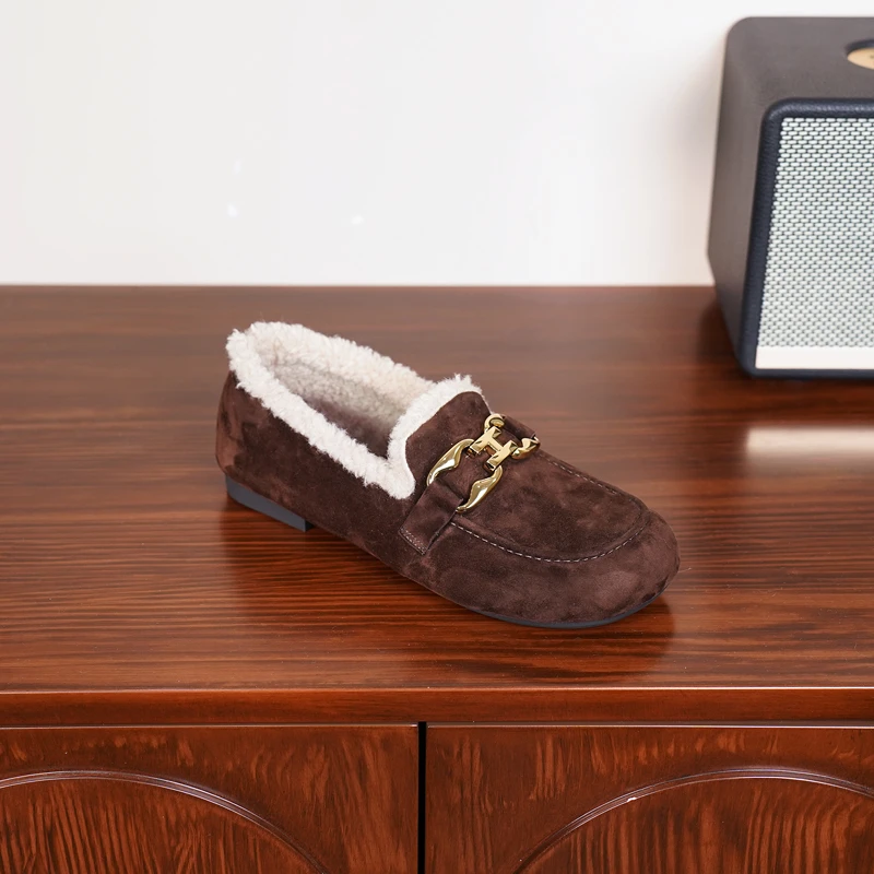 【2厘米/羊皮】时尚百搭女士软底加绒毛毛鞋舒适真皮平底豆豆鞋1153