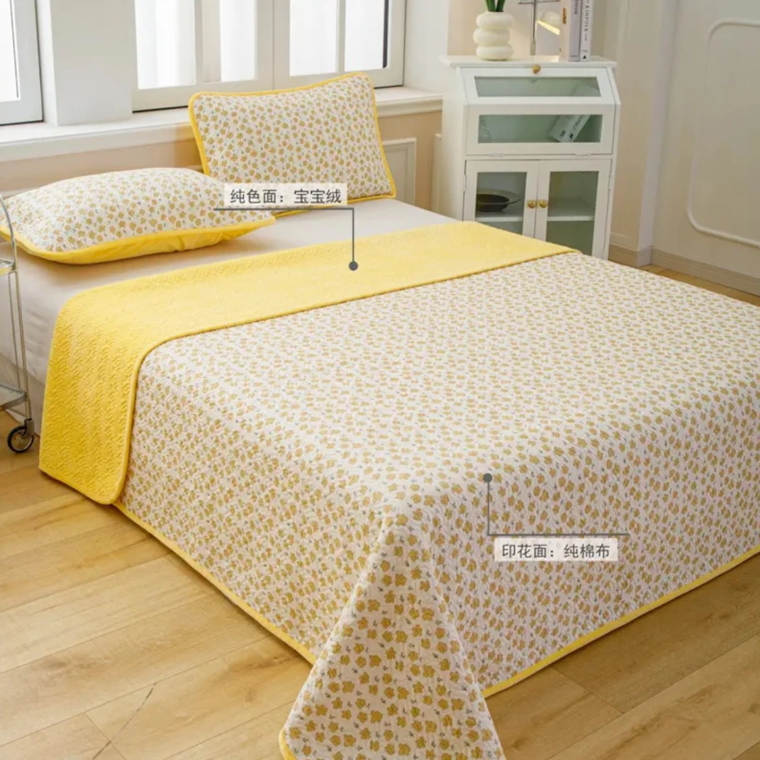 纯棉全棉棉加绒款秋冬加厚床盖-正面纯棉背面加绒