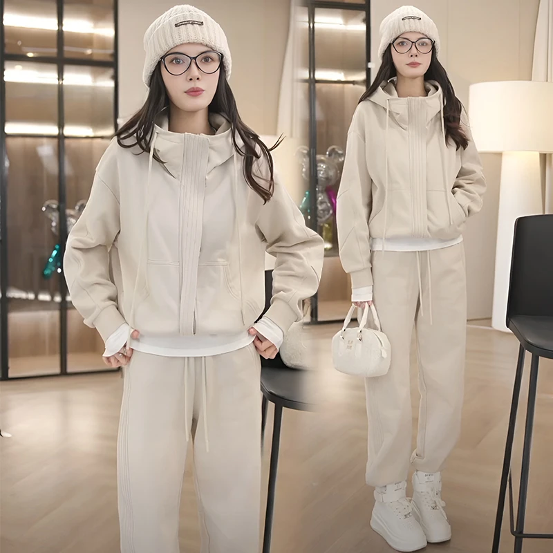 金三推休闲运动百搭时尚套装女2024秋冬连帽长袖外套阔腿裤两件套