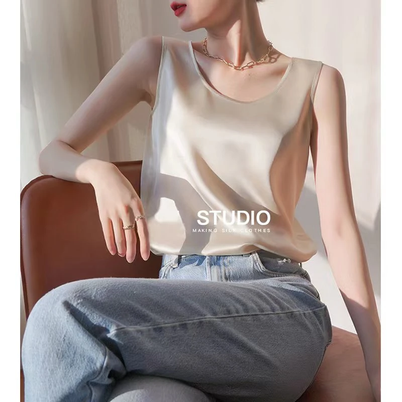 新款两面穿 醋酸缎面前U后V无袖上衣女背心打底时尚
