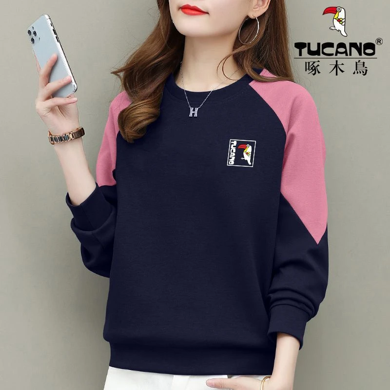 啄木鸟正品2023秋冬新款圆领拼色卫衣宽松百搭薄款/加绒时尚上衣