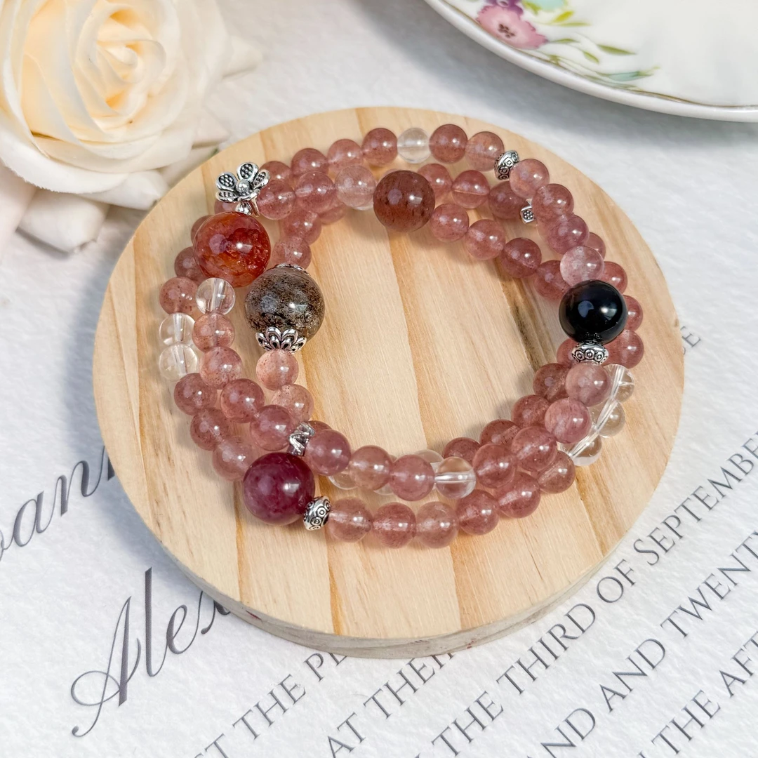 CB2677【烈焰星云】车厘子草莓晶 红胶花 黑金超 银曜水晶手串