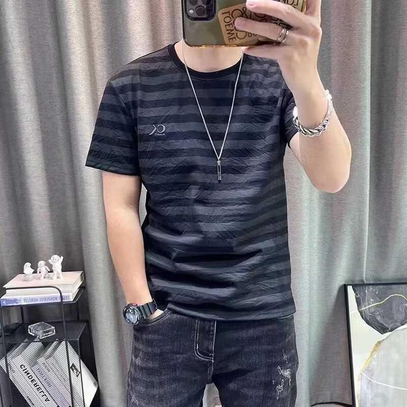秋冬季新款高档时尚条纹麻男士短袖T恤潮流韩版圆领百搭修身上衣