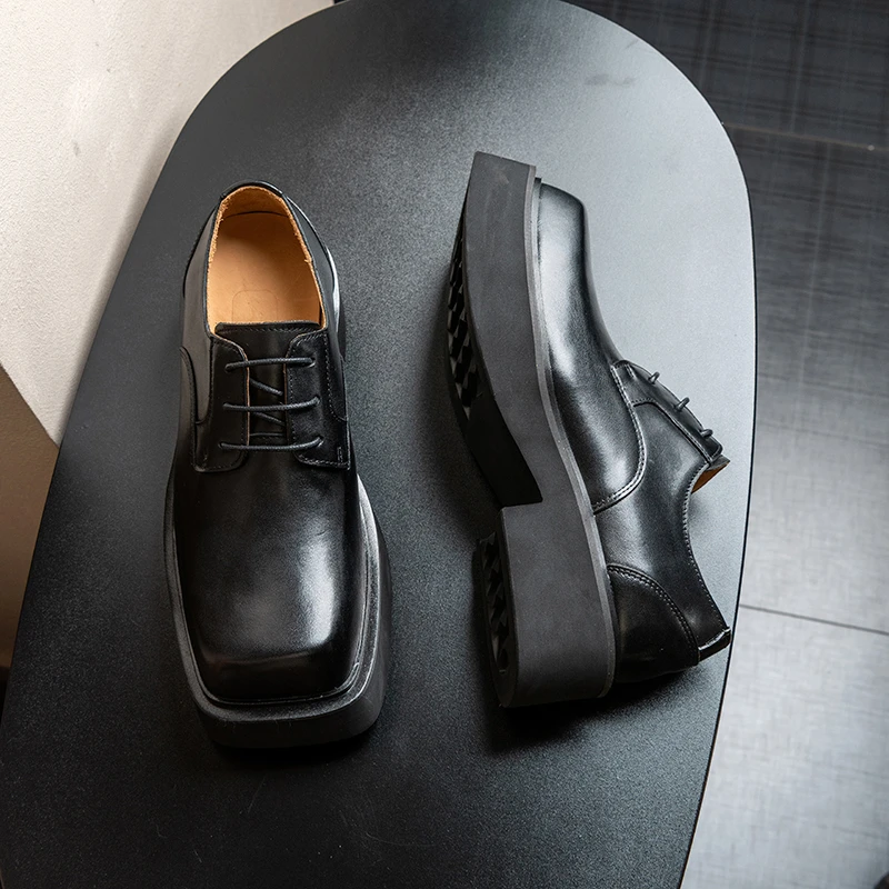 系带设计暗黑方头德比鞋增高厚底鞋休闲方头皮鞋男士透气不臭脚潮