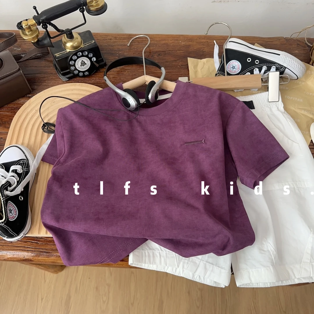 童例「紫色小鱼短袖」夏季扎染纯色儿童休闲男童女童百搭T恤中童