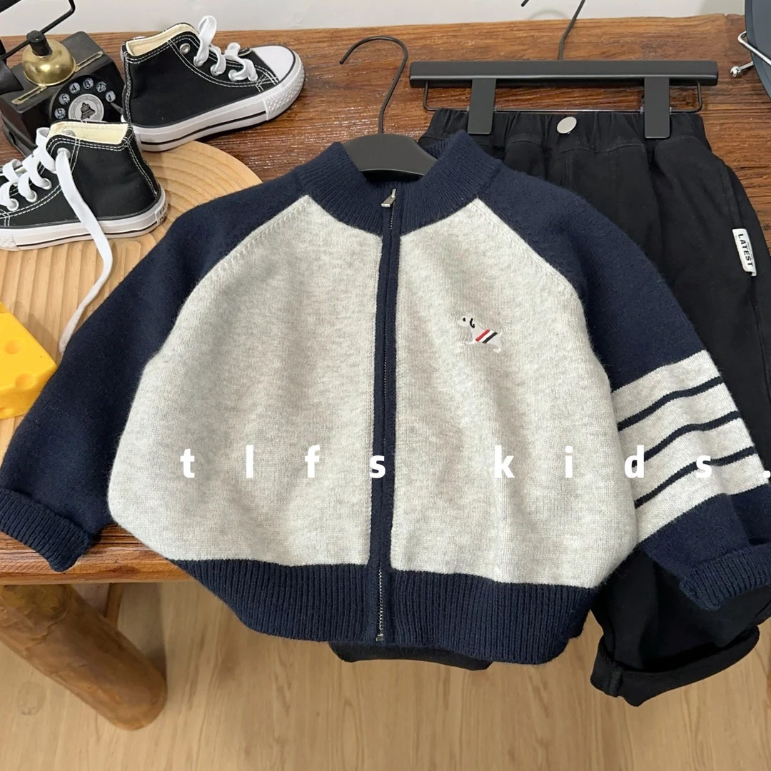 童例「藏灰小狗刺绣针织衫」秋冬软糯休闲毛衣男童女童百搭拉链外套