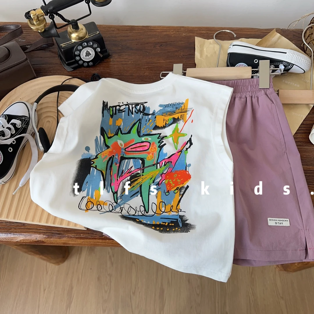童例「潮流涂鸦字母背心」夏季薄款全棉无袖儿童上衣男童女童百搭