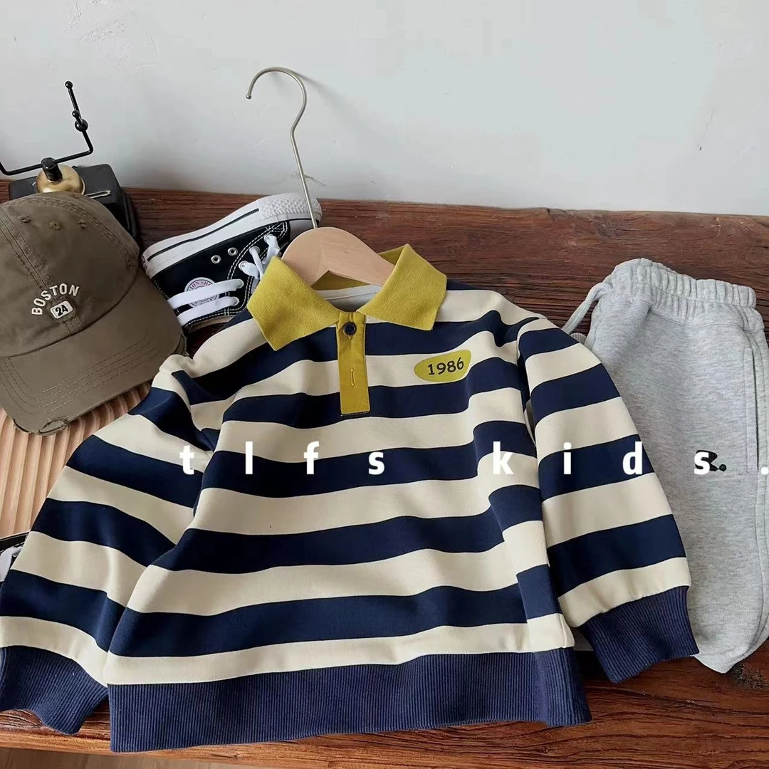 童例「1986条纹POLO」秋季新品男女宝休闲百搭卫衣穿搭套头通用潮