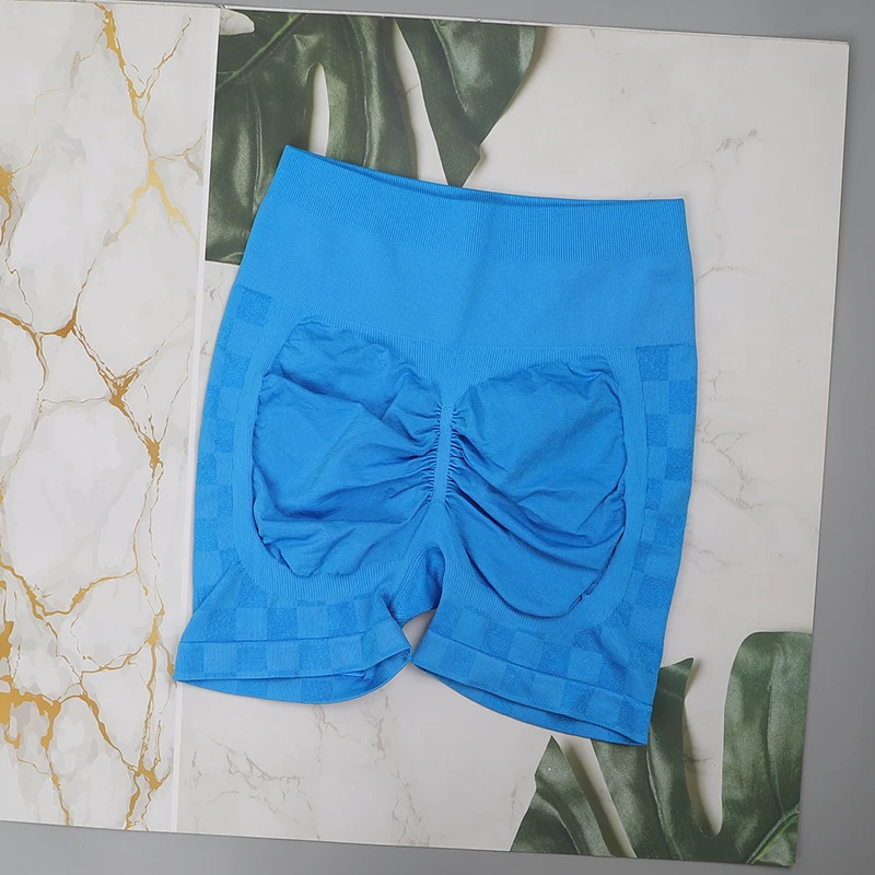 棋盘格裸感瑜伽短裤舒适运动健身蜜桃臀设计