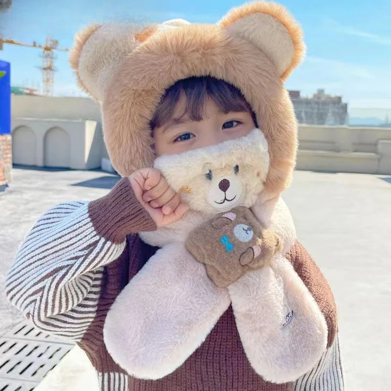 儿童帽子围脖口罩一体冬季男童可爱保暖女童防风护耳宝宝毛绒套装