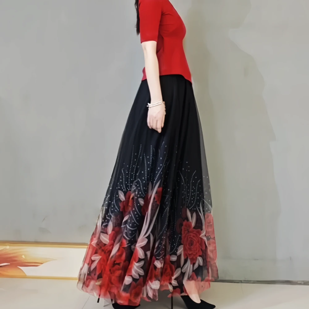 焕小沫渐变色印花a字大摆裙中长款高腰显瘦气质大码网纱裙半身裙