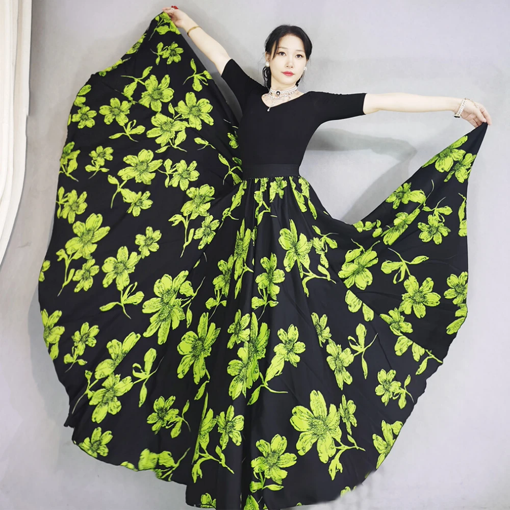 夏季720度大摆裙长款洋气绿色印花裙女气质显瘦沙滩半身裙舞蹈裙