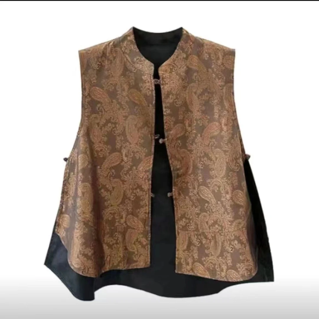 马夹春秋新款通勤正反两面穿网红气质马甲复古风提花盘扣女装上衣