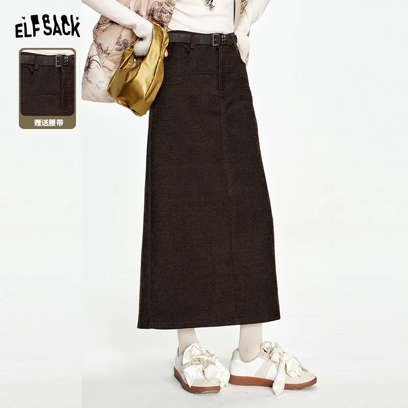 妖精的口袋 朱墨黑茶 复古高腰拼接半身裙女2024冬季新款百搭长裙