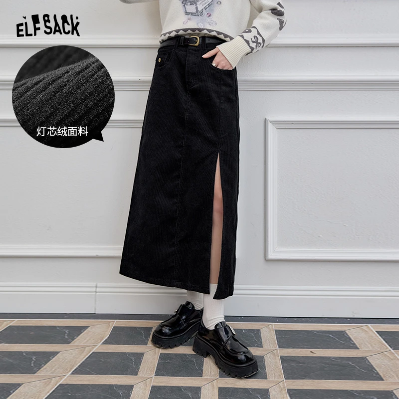 【程钱钱专属】妖精的口袋黑色灯芯绒侧开叉半身裙女2024年秋