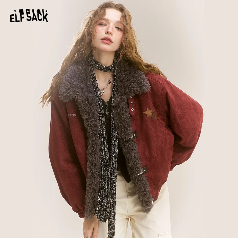 妖精的口袋星星贴布仿皮毛呢外套女24季新款复古红色毛绒绒毛领