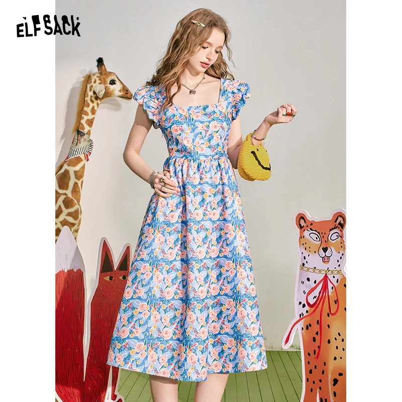 妖精的口袋 午夜降临 法式方领碎花连衣裙女2024夏季收腰显瘦度假