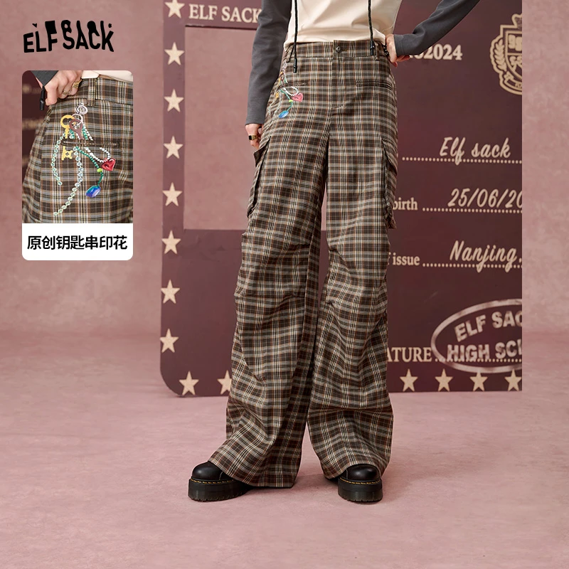 妖精的口袋复古格子阔腿休闲裤2024秋宽松显瘦工装裤24310020