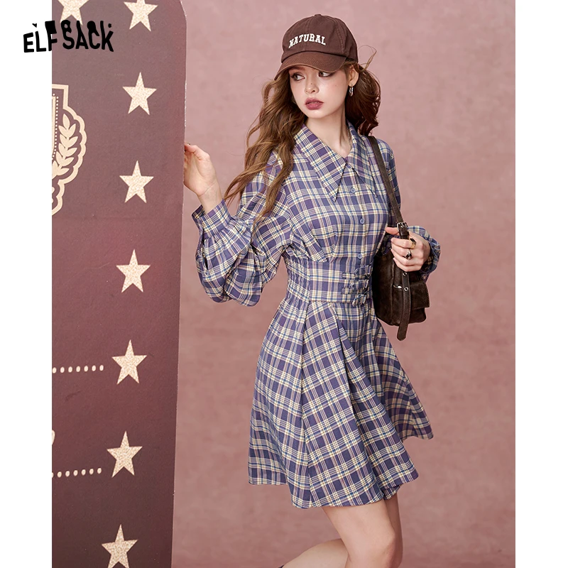 妖精的口袋 柏林甜心 复古格子泡泡袖连衣裙女2024秋新款学院风