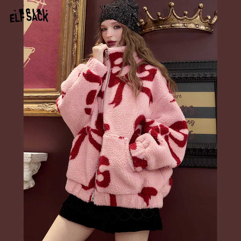 【新年穿搭】妖精的口袋篝火派对蝴蝶结印花毛绒绒棉服外套24414022