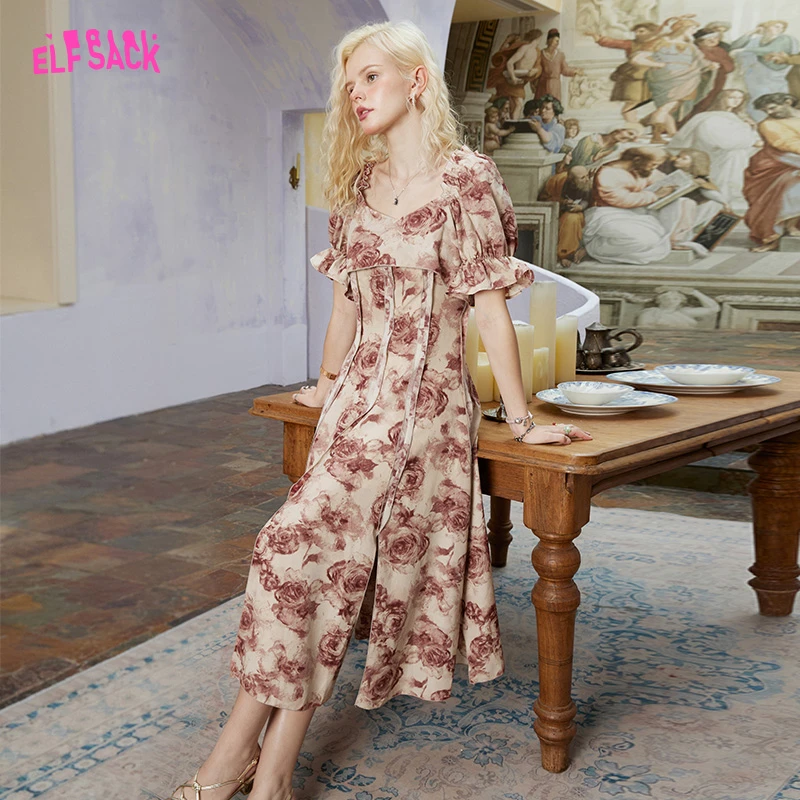 妖精的口袋满印干枯玫瑰连衣裙2023夏碎花裙复古气质显瘦13200085