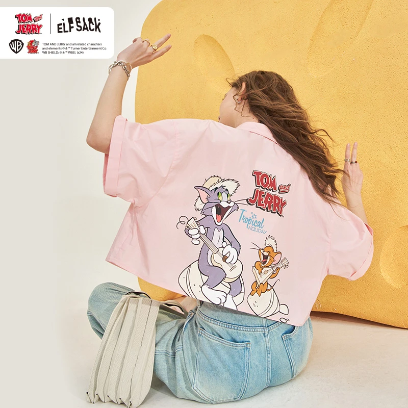 【猫和老鼠联名】妖精的口袋 多巴胺假日 印花短袖衬衫外套女2024