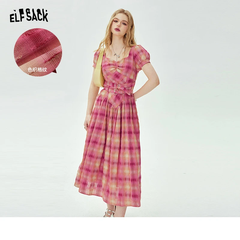 妖精的口袋 甜味脾气 泡泡袖格纹连衣裙女2024春新休闲收腰显瘦裙