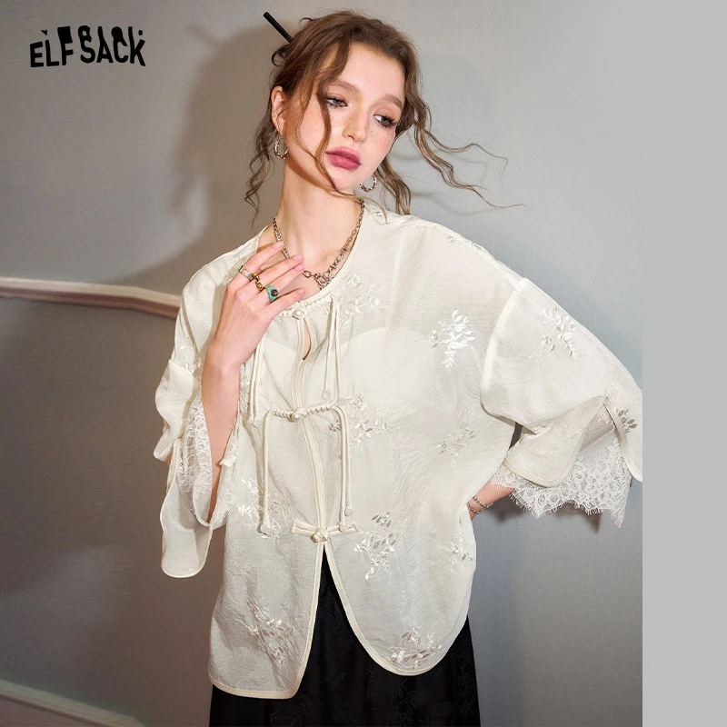 【小铃铛】妖精的口袋月光流波蕾丝拼接盘扣新中式衬衫女2024