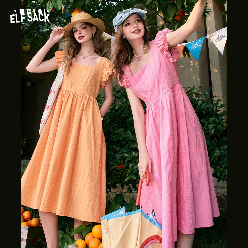 妖精的口袋 夏日绯闻 飞飞袖法式方领连衣裙女2024夏季收腰显瘦