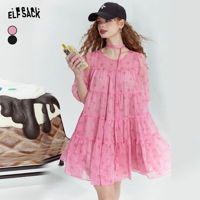 妖精的口袋 牛仔裙万岁 蝴蝶结印花雪纺连衣裙女2024夏新款公主风