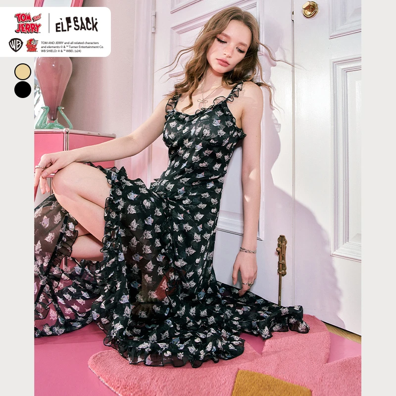 0007【赵老板】妖精的口袋热带岛屿荷叶边雪纺吊带连衣裙2024