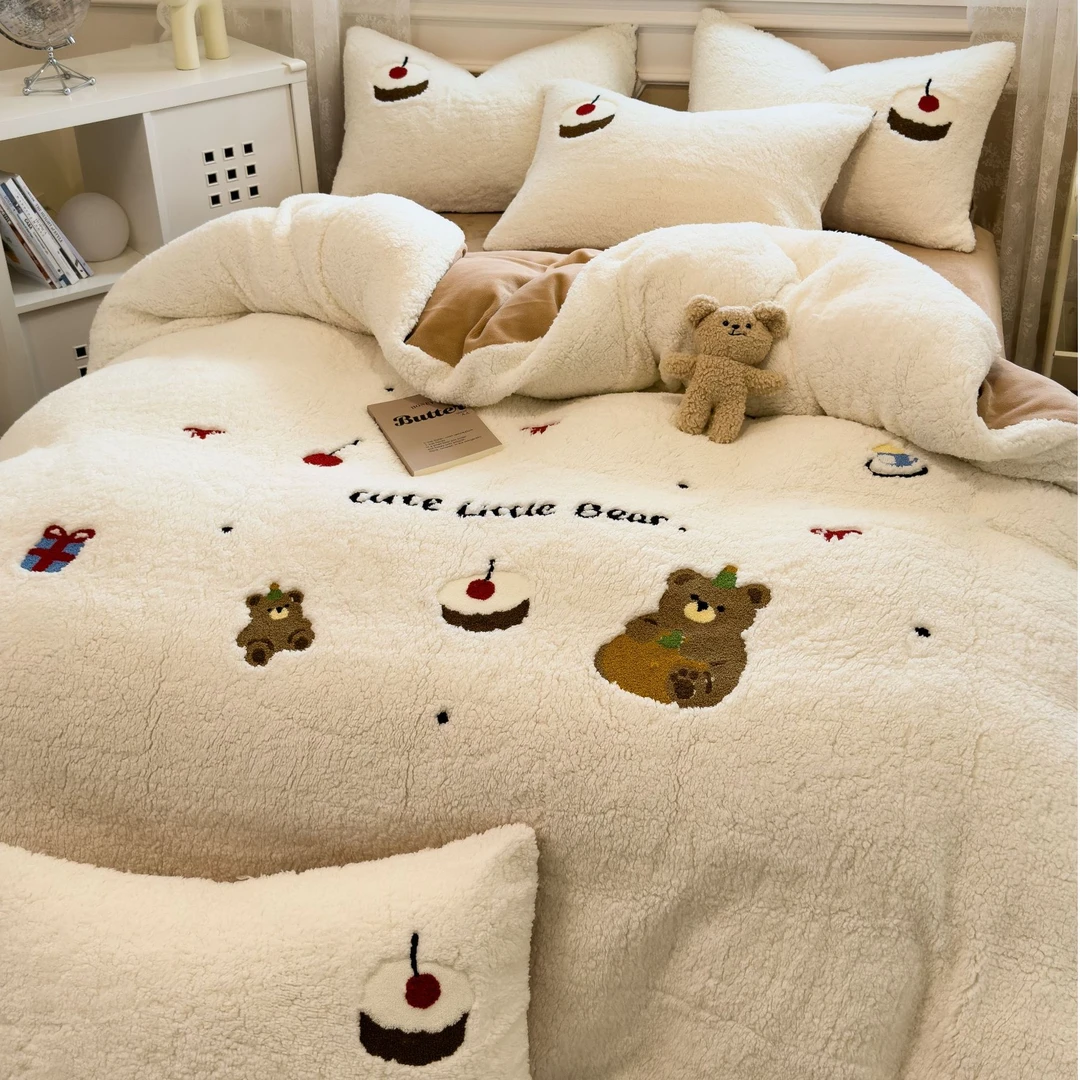 羊羔绒套件牛奶绒床上冬季加厚毛巾绣套件家用学生宿舍用单双人Q