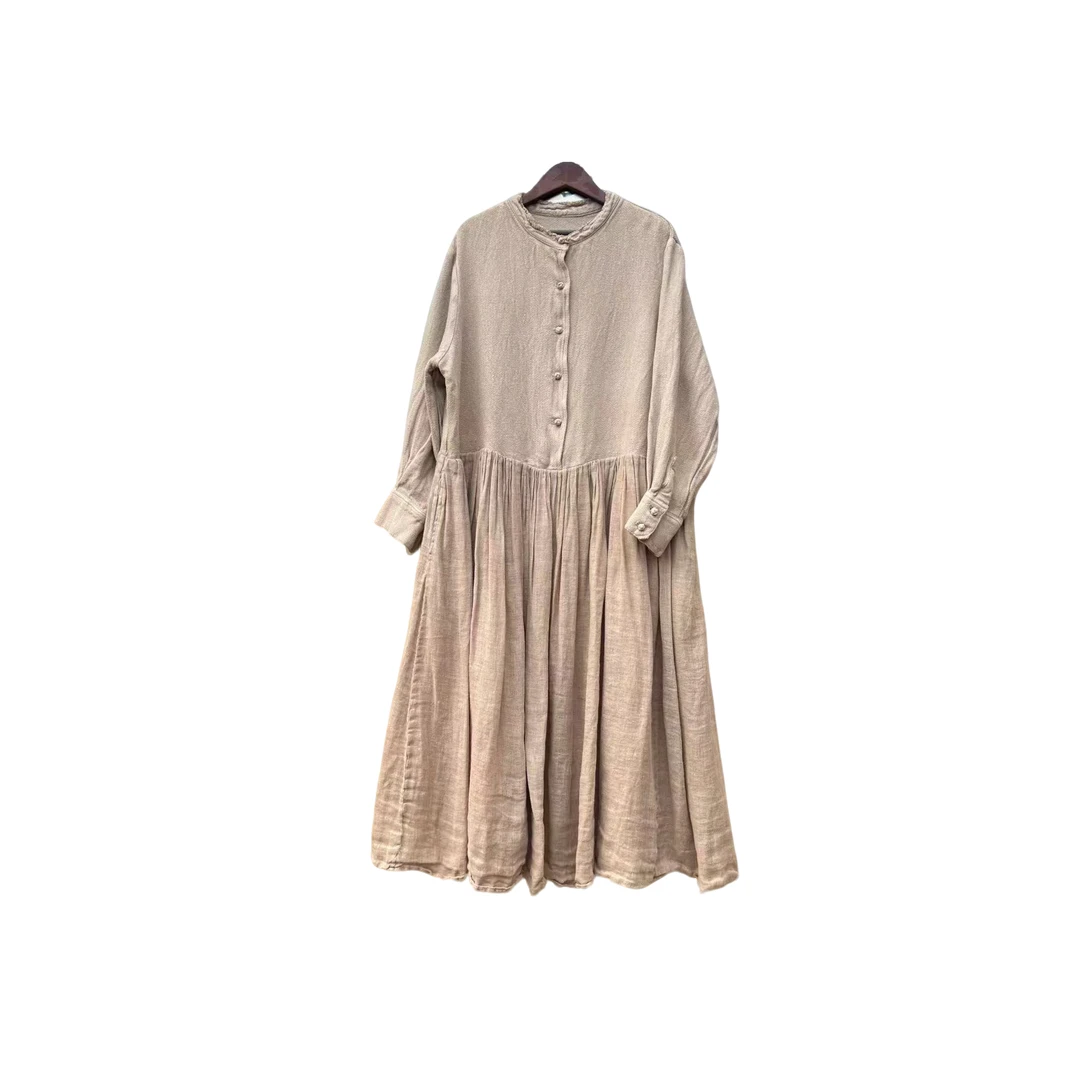 几念原创-冬季禅意连休闲衣裙小众百搭褶皱大摆半开襟长裙女3548