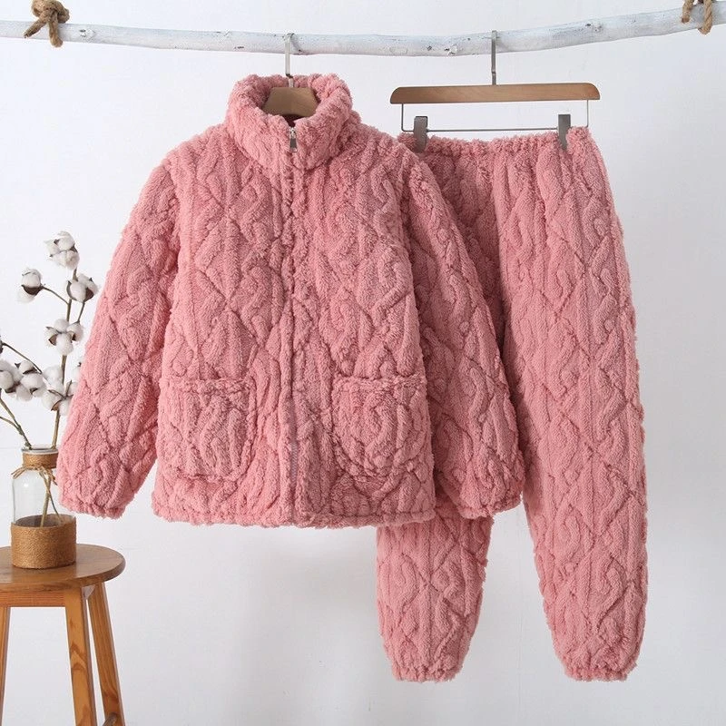 加厚睡衣拉链女冬季法兰绒套装家居服可外穿加厚加绒三层夹棉长袖