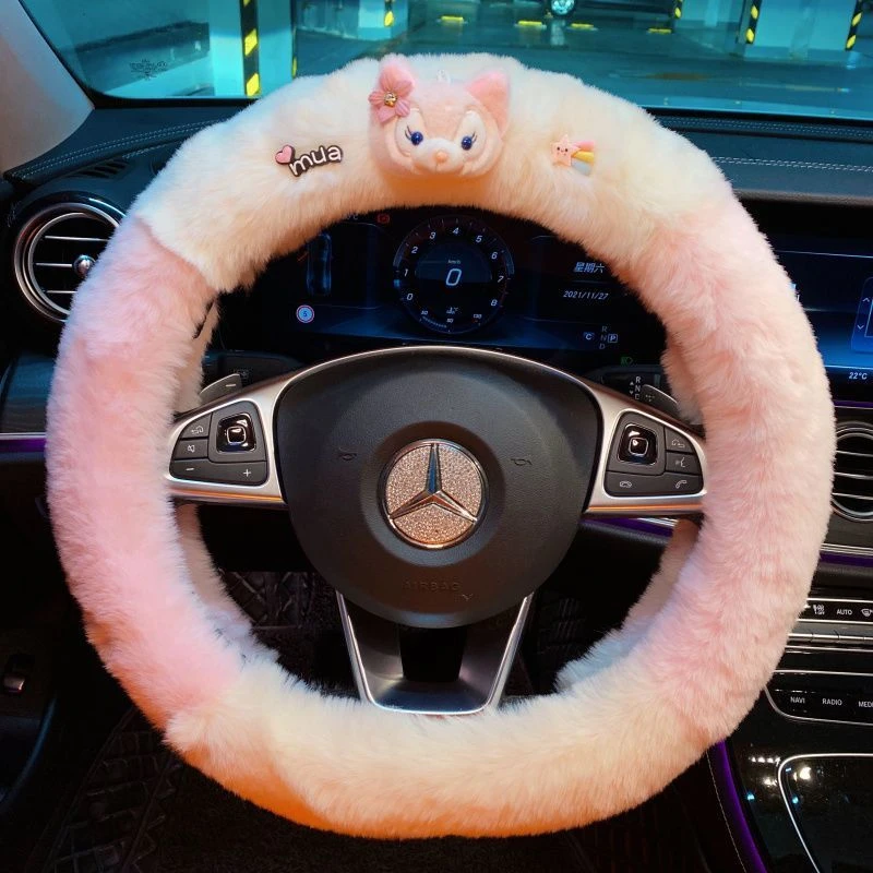 新款玲娜狐狸卡通汽车方向盘套冬天防滑保暖毛绒车把套女可爱装饰