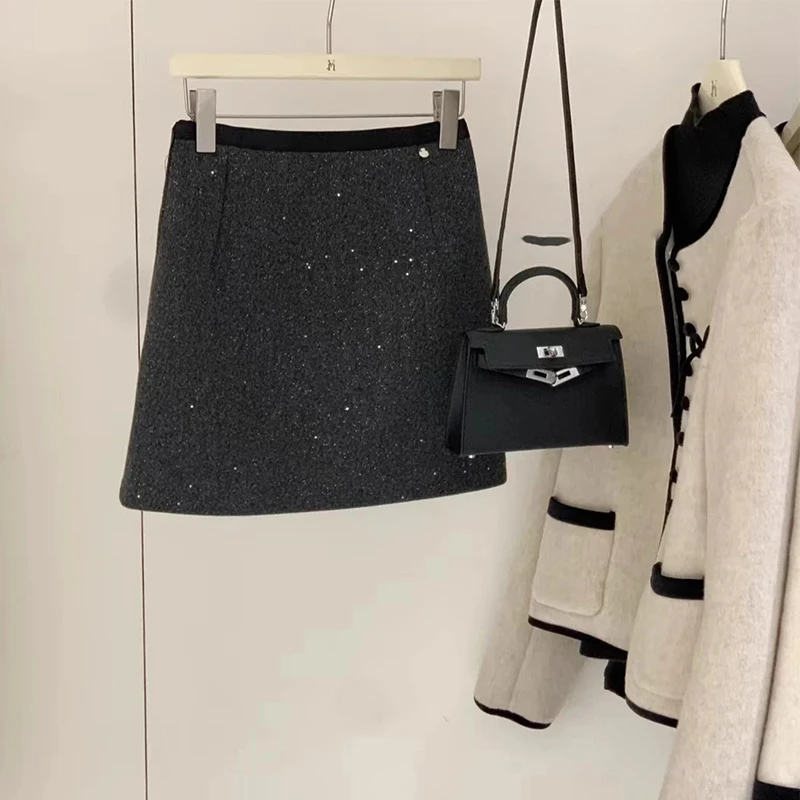 【冬日繁星】韩系高级感精致冬季复古闪闪A字显瘦包臀女毛呢半身裙