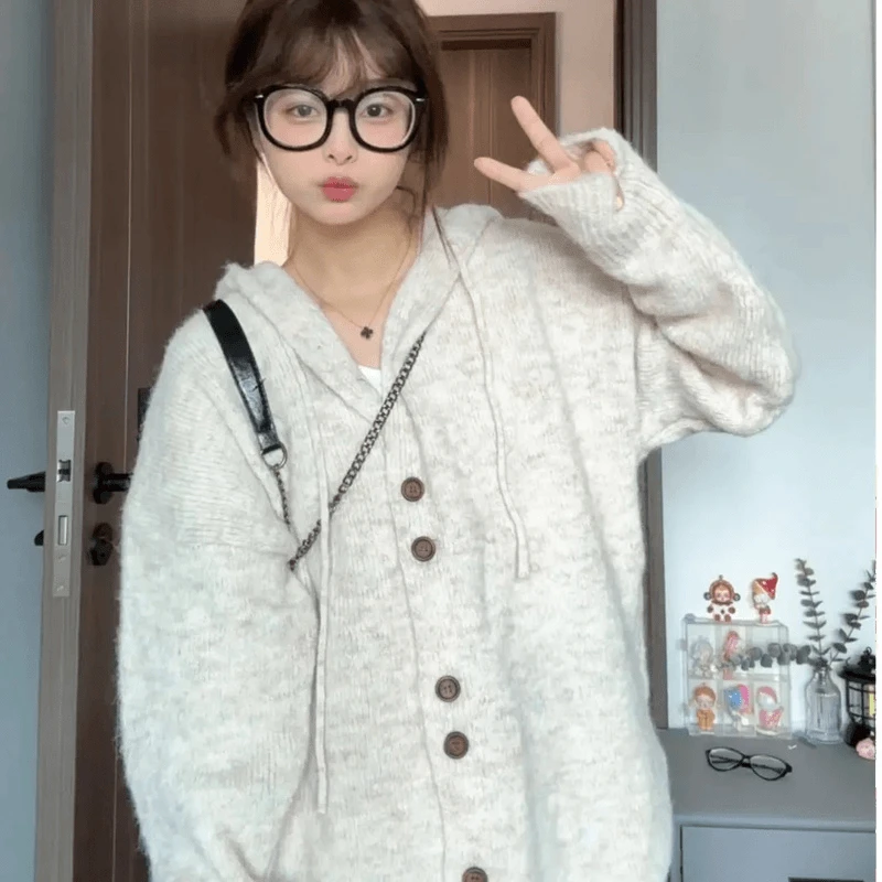 软糯温柔连帽毛衣女韩系秋冬慵懒风加厚连帽针织开衫宽松上衣外套